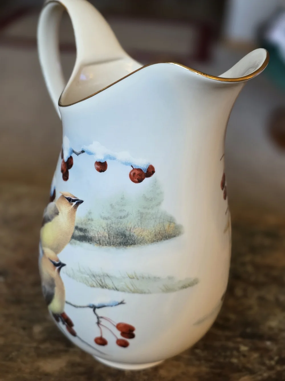 Lenox Ceramic Pitcher with Cardinal and Chickadee Illustration in Red and White